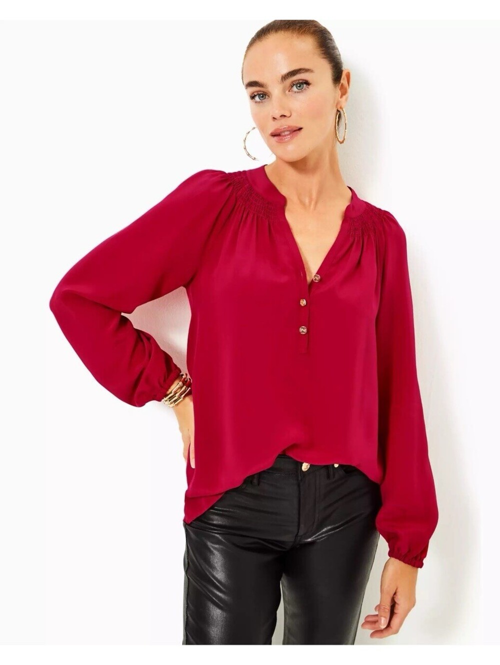 Lilly Pulitzer Women's Elsa Top Magenta 100% Silk Smocked Blouse Size Medium